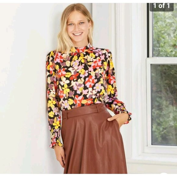 Who What Wear Top L Floral Long Sleeve High Neck Garden - Picture 2 of 8